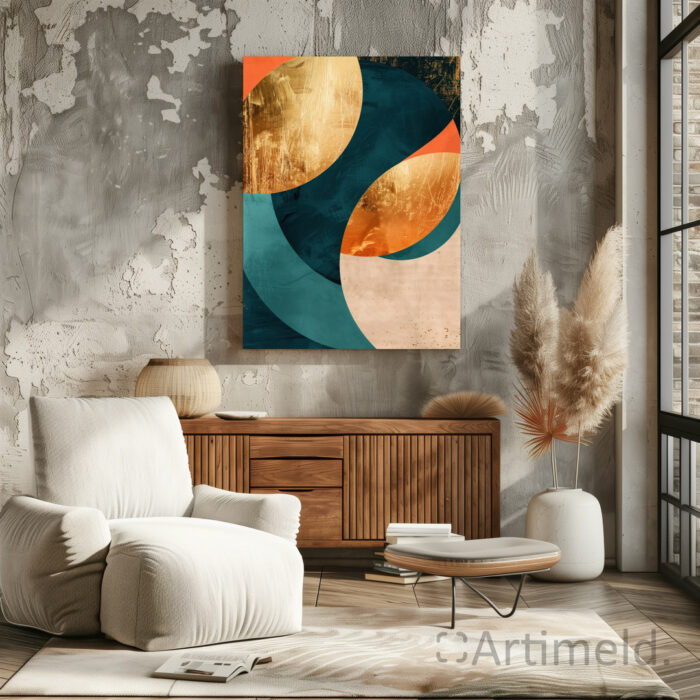 Modernism Poster Art - Abstract Geometric Shapes in Gold, Orange, and Teal in Living Room 4