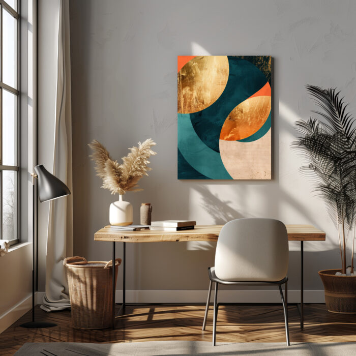 Modernism Poster Art - Abstract Geometric Shapes in Gold, Orange, and Teal in Home Office