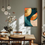 Modernism Poster Art - Abstract Geometric Shapes in Gold, Orange, and Teal in Dining Room