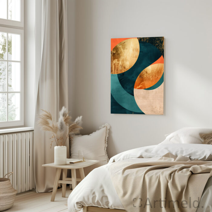 Modernism Poster Art - Abstract Geometric Shapes in Gold, Orange, and Teal in bedroom