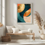 Modernism Poster Art - Abstract Geometric Shapes in Gold, Orange, and Teal in Living Room 3