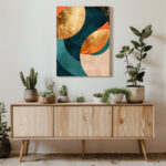 Modernism Poster Art - Abstract Geometric Shapes in Gold, Orange, and Teal in Entryway