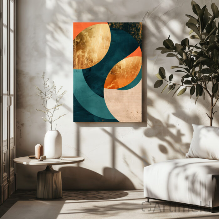 Modernism Poster Art - Abstract Geometric Shapes in Gold, Orange, and Teal in Living Room 2