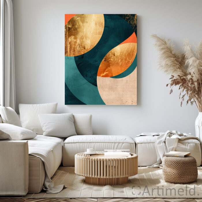 Modernism Poster Art - Abstract Geometric Shapes in Gold, Orange, and Teal in Living Room 1