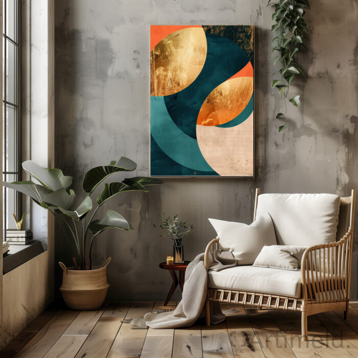 Modernism Poster Art - Abstract Geometric Shapes in Gold, Orange, and Teal in Living Room 5